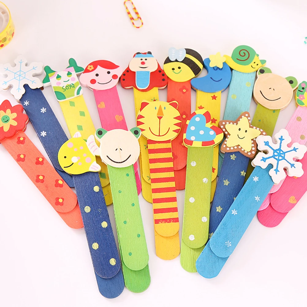 10Pcs Wooden Bookmark Bright Cartoon Graphics Sturdy Bookmarker with Dual Use As Mini Ruler for Kids School Stationery Gift