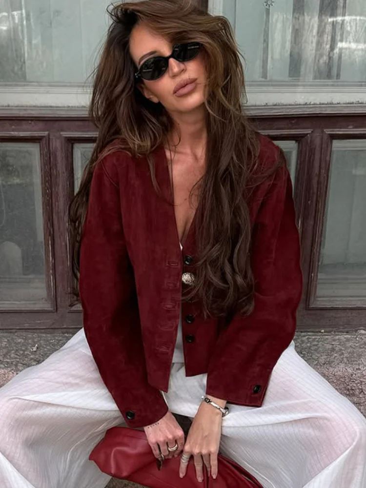

Women Wine Red V Neck Suede Jacket Casual Full Sleeve Single Breasted Buckle Cropped Coat Autumn Lady New Highstreet Outwear