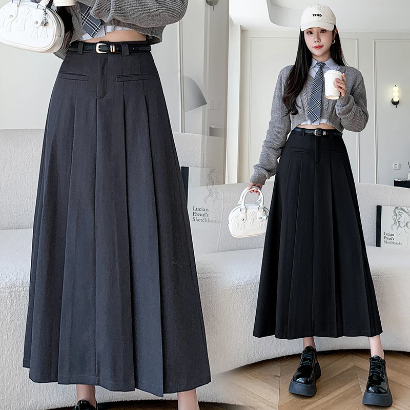 

Ladies Elegant Fashion Large Hem Pleated Long Black Skirt Women Clothes Girls Korean Skirts Chic Casual Faldas Largas BPy9305-1