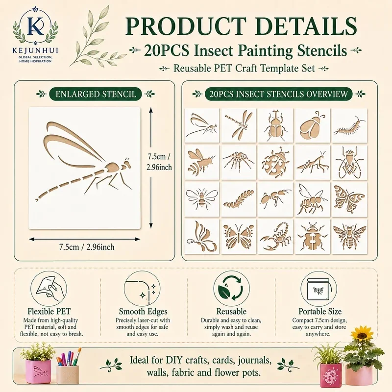 20pcs Insect Stencil Set for DIY Crafts,Reusable Dragonfly,Bee,Butterfly Designs for Wood,Walls,Fabric,More,PET Art Templates