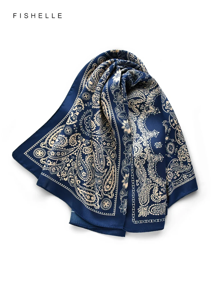 Navy blue Paisley 100% natural silk scarves small square scarf hijab shawl luxury gift headband 65cm men women wrap neckerchief