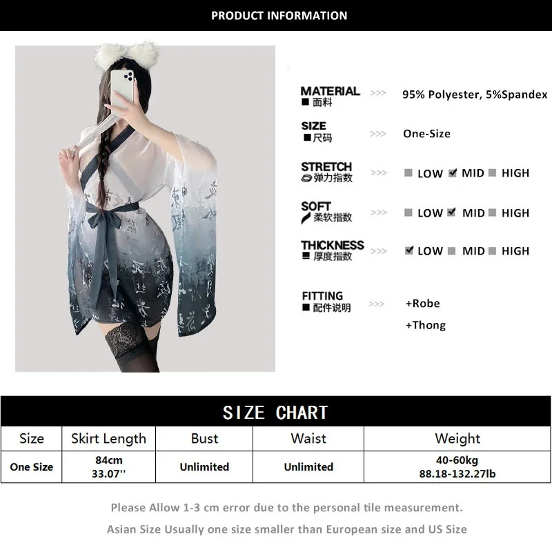 Japanese Kimono Pajamas Women Cosplay Sexy Lingerie Dress See Through Mesh Nightgown Perspective Bathrobe Nightwear Robe