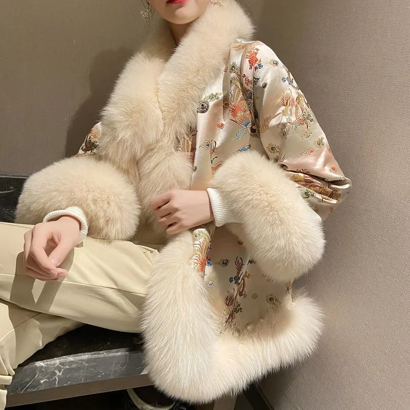 Manteau d\'Hiver en Fausse Fourrure pour Femme, Style Chinois, Harajuku, Mi-long, Perles, Tang Trempé, Veste Chaude, Élégante, Vintage, Nouvelle