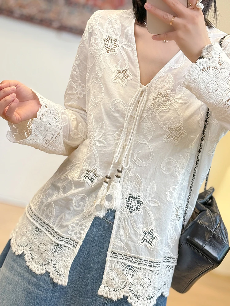 

Petite Fashionable Embroidered Lace Shirt Hollow out Three-Dimensional Flower Pattern Holiday Style Women's Cotton Blouse