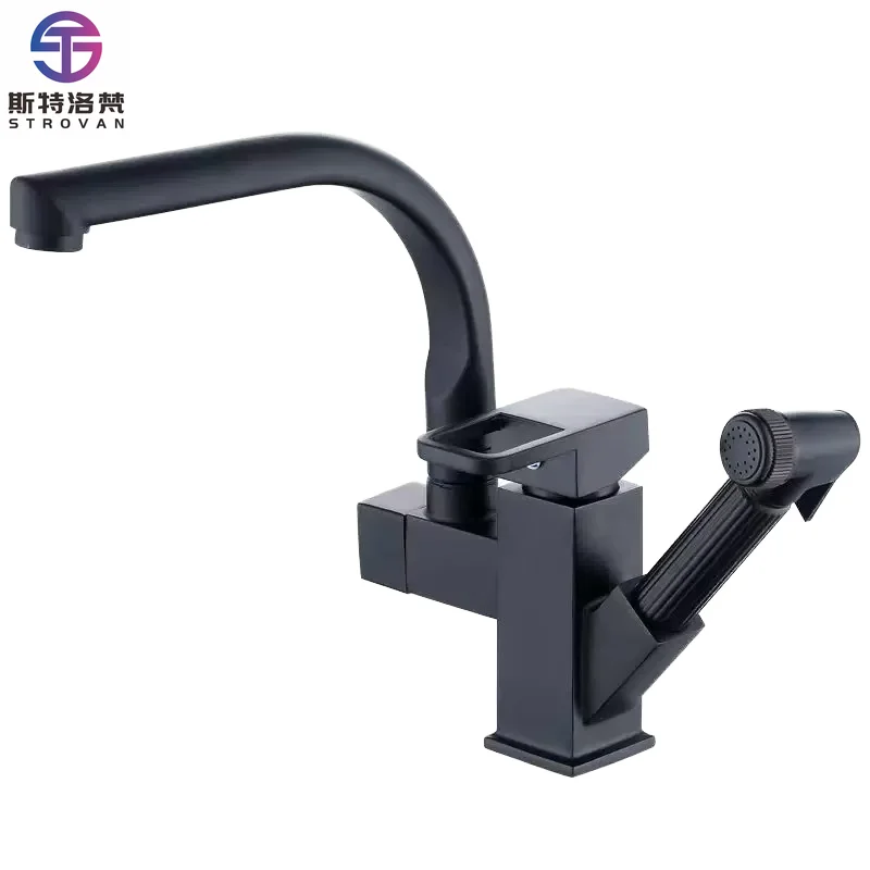 

Modern Extendable Black Brass Kitchen Faucet Sanitary Wares Pull Feature Ceramic Valve Core Single-Hole Design