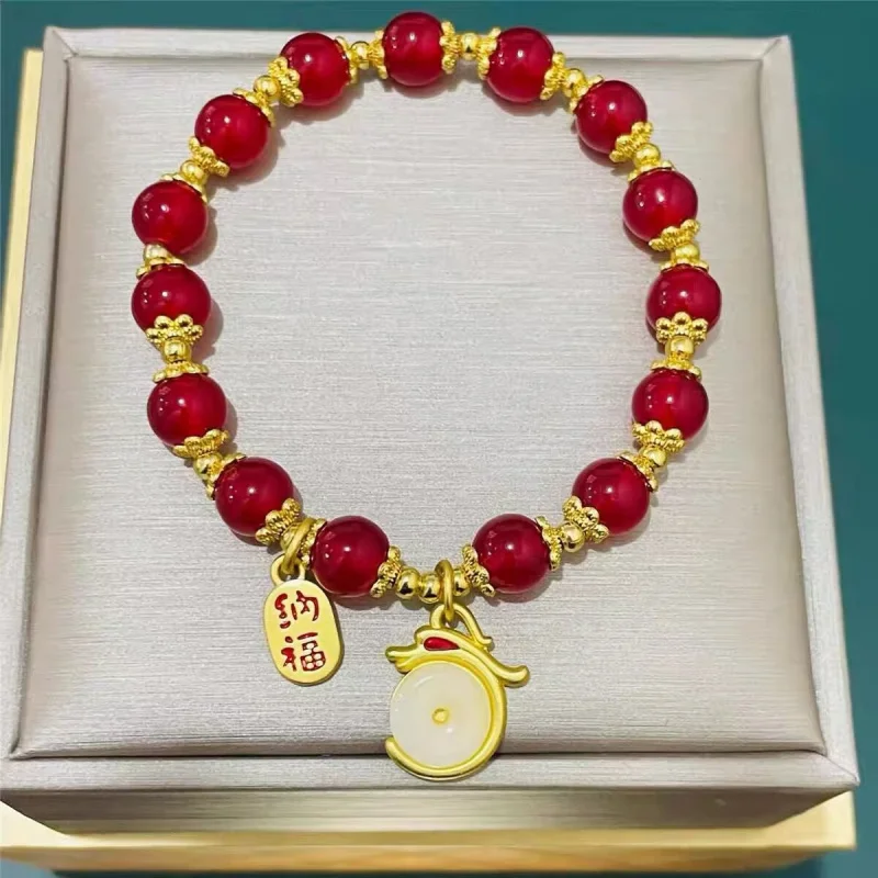 Peace Buckle Red Agate Imitation Hetian Yulong Year of Fate Women's High-Grade Design Zodiac Bracelet Gift