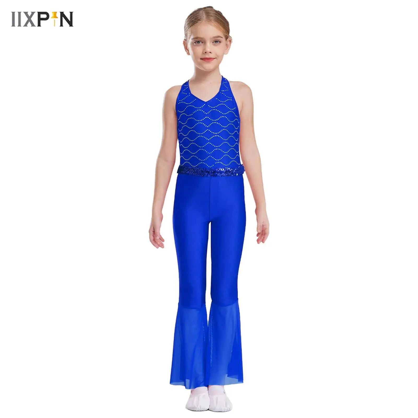 

Kids Girls Jazz Dance Jumpsuit Sheer Mesh Bell-Bottom Halter Full Body Leotard Bodysuit for Latin Modern 70s Disco Dancing wear