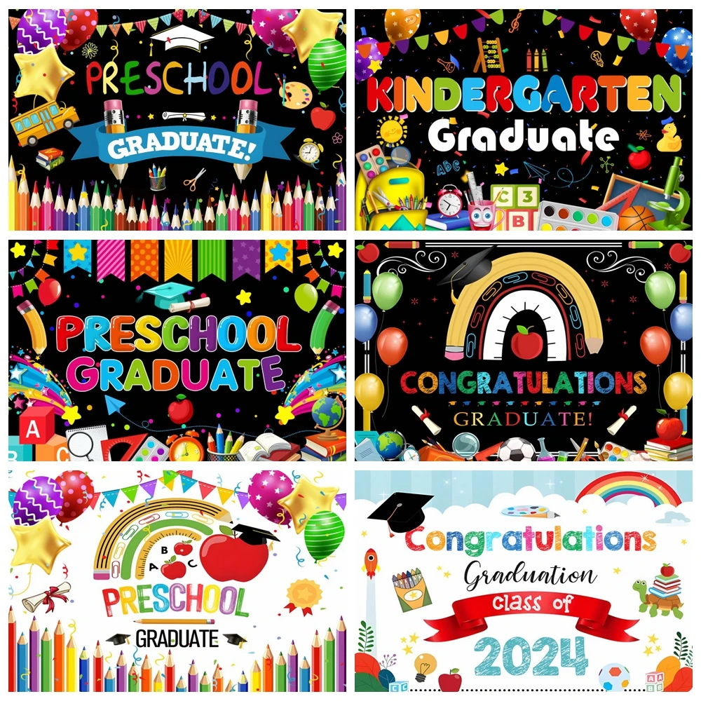 Kindergarten Preschool Graduate Backdrop Congrats Grad Kid Class of 2024 Ceremony Prom Party Photography Background Photo Studio