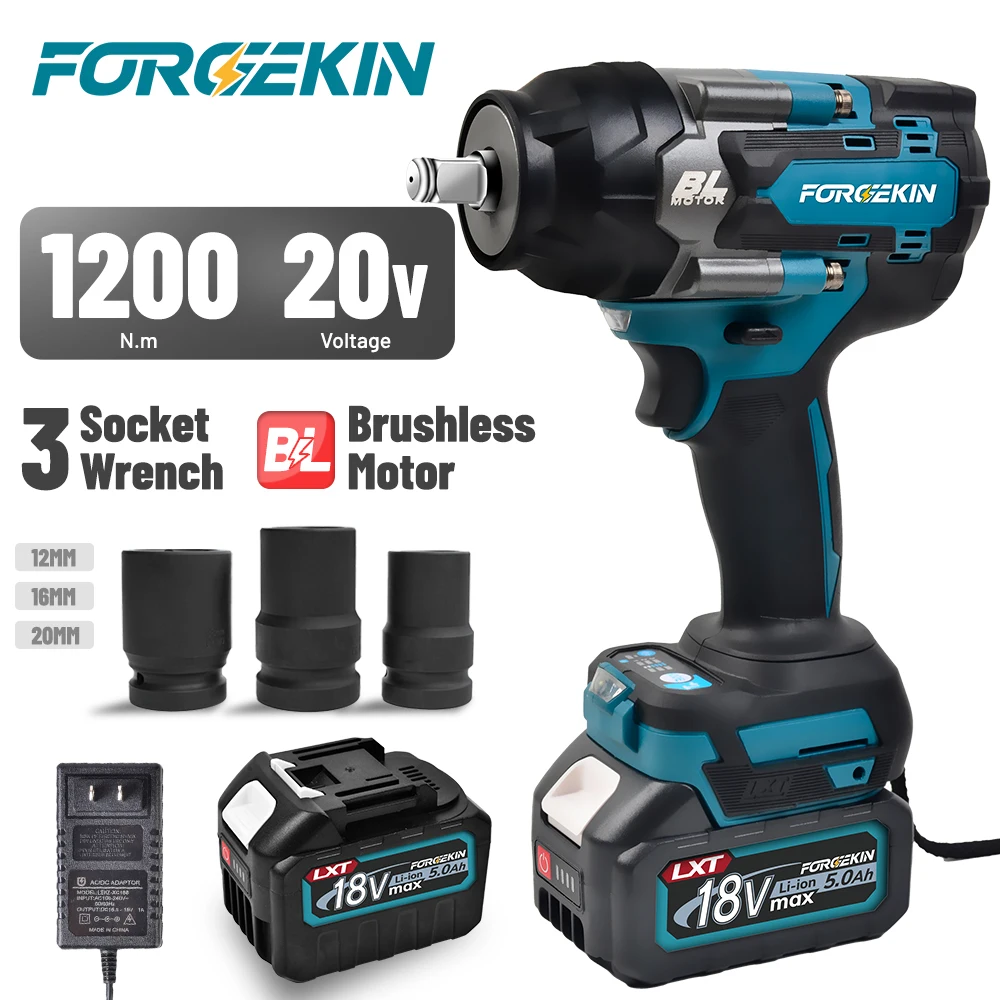 

FORGEKIN 1200NM Brushless 1/2" Extended Anvil Impact Wrench Electirc Wrench Electric Drill Power tool for Makita 18V Battery Pin