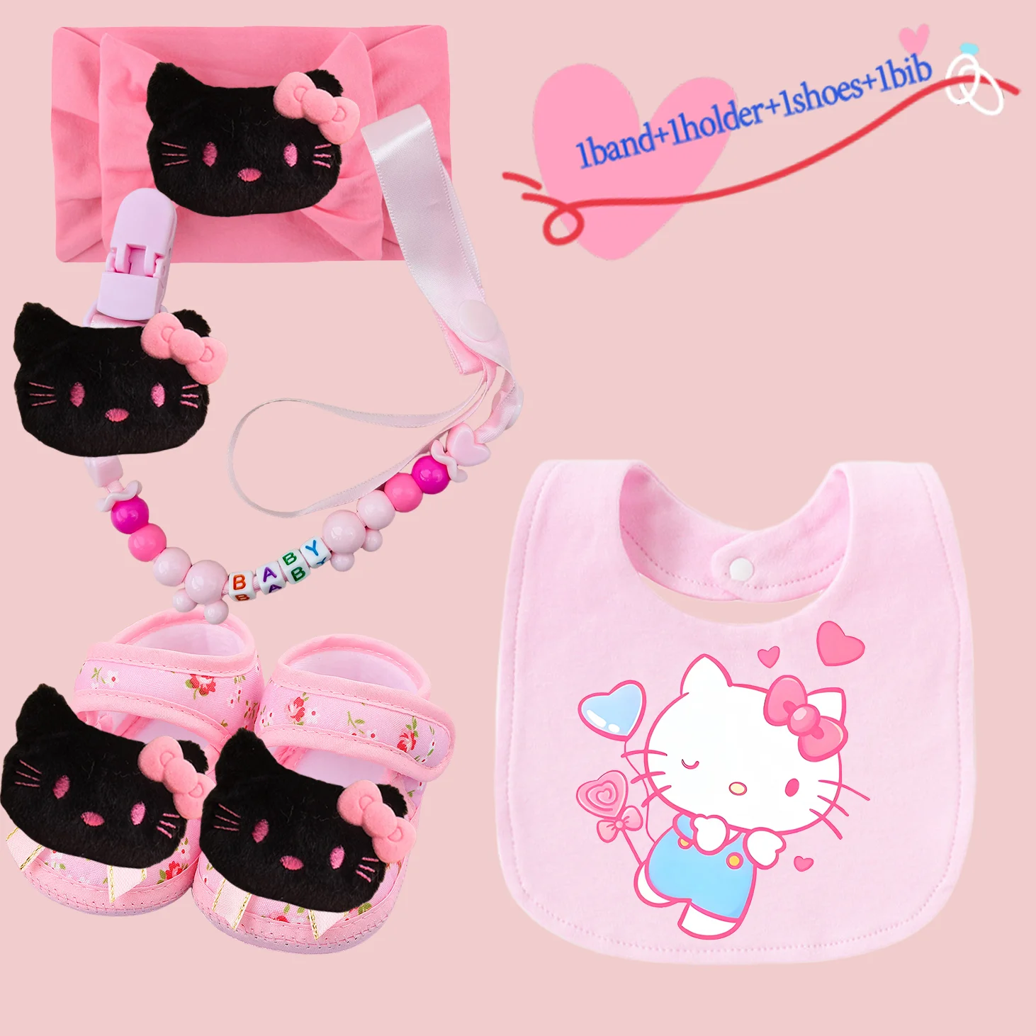 

Kawaii Newborn bibs are designed for girls featuring baby hair bands pacifier clip baby shoes solid-colored saliva towels