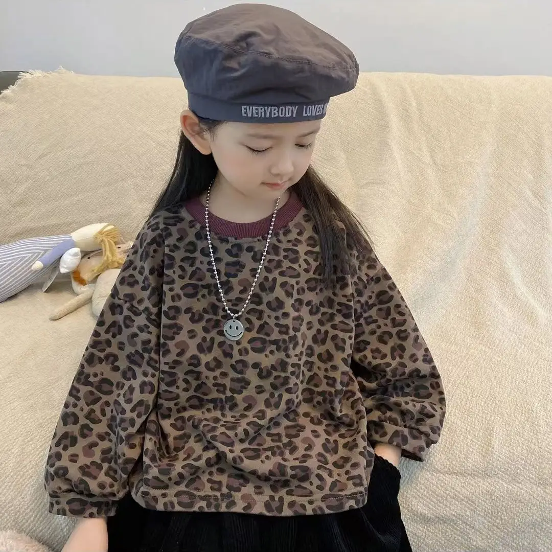 

Boys Girls Autumn Long Sleeve T-shirt 2025 New Korean Fashionable Casual Daily Leopard Print Vintage O-Neck Top