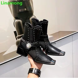 Black Square Toe Crystal Boots For Female Women 2024 New Chunky Heel Ankle High Elegant Slip-on Fashion All-match Winter Shoes