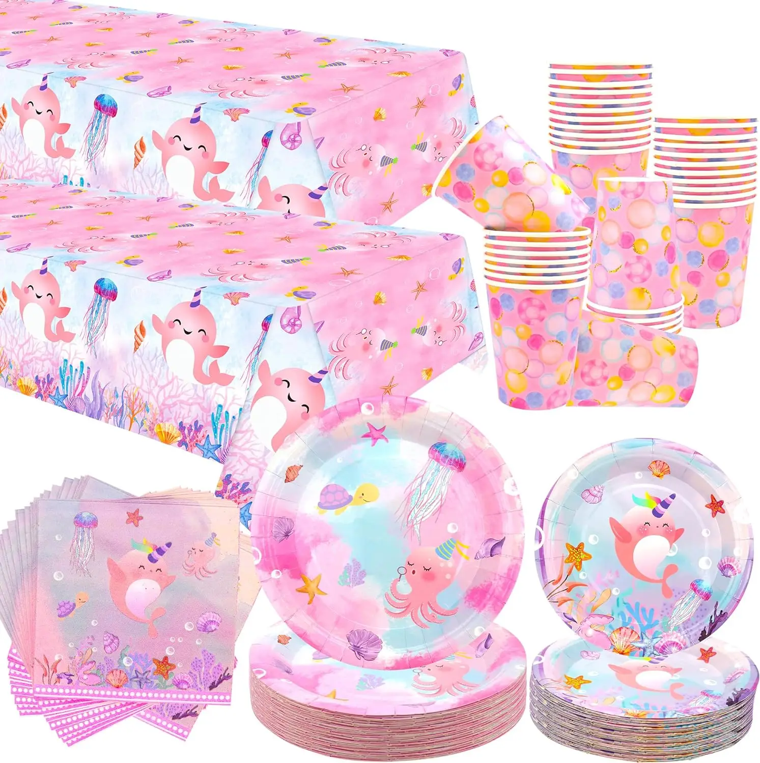 Ocean and Sea Life Tableware Supplies Set, Pink, Marine Creature Decoration, Birthday Party, Baby Shower