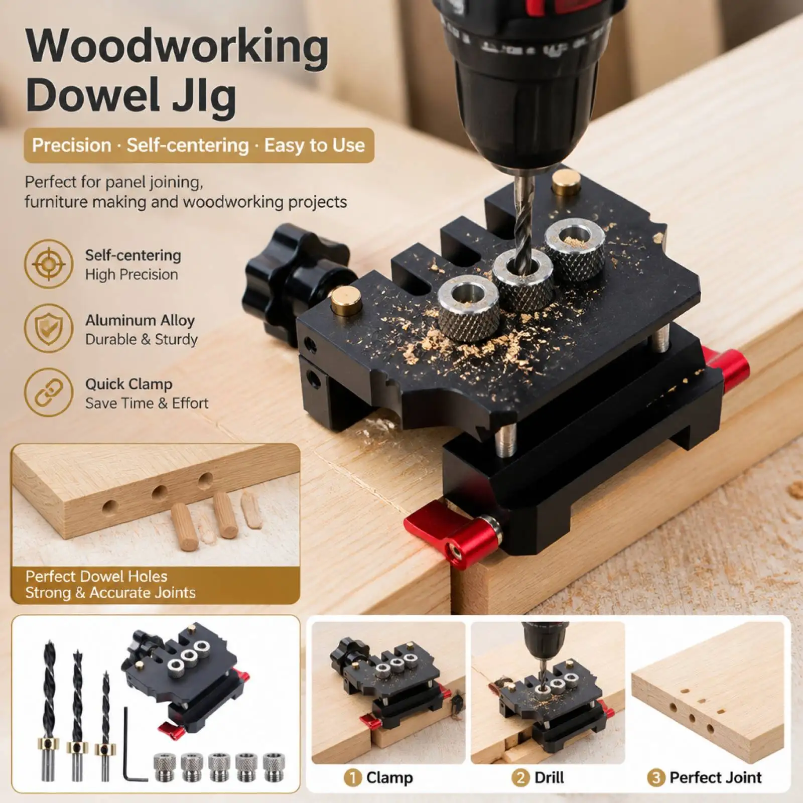 

Self Centering Dowel Jig High Precision Wood Dowel Jig Aluminum Alloy Tenon Hole Guide for Woodworkers, Furniture Making