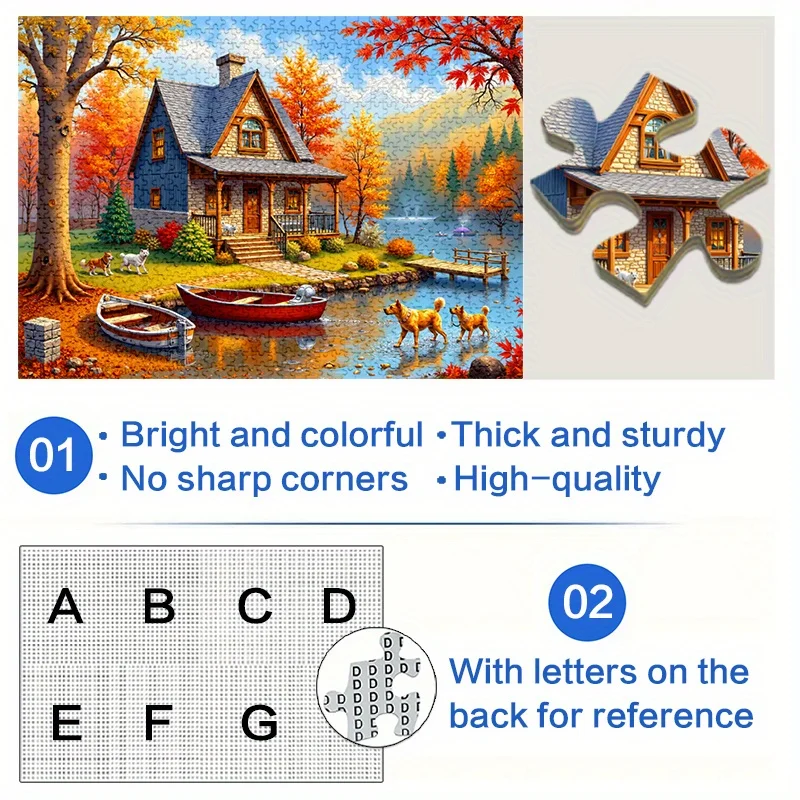[가을 호수 직소 퍼즐] 500/1000피스 직소 퍼즐 - 개와 호수가 있는 가을 호숫가 오두막 장면, 긁힘 방지 프리미엄 판지, A