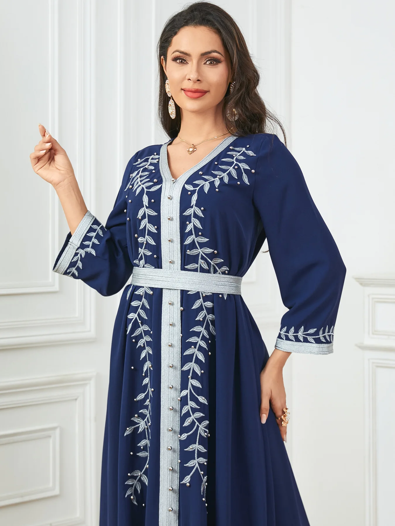 Ramadan Middle East Moroccan Muslim Islamic Fashion Nail Bead Embroidery Comfortable Casual Women's Arabic Clothing V-neck Dress