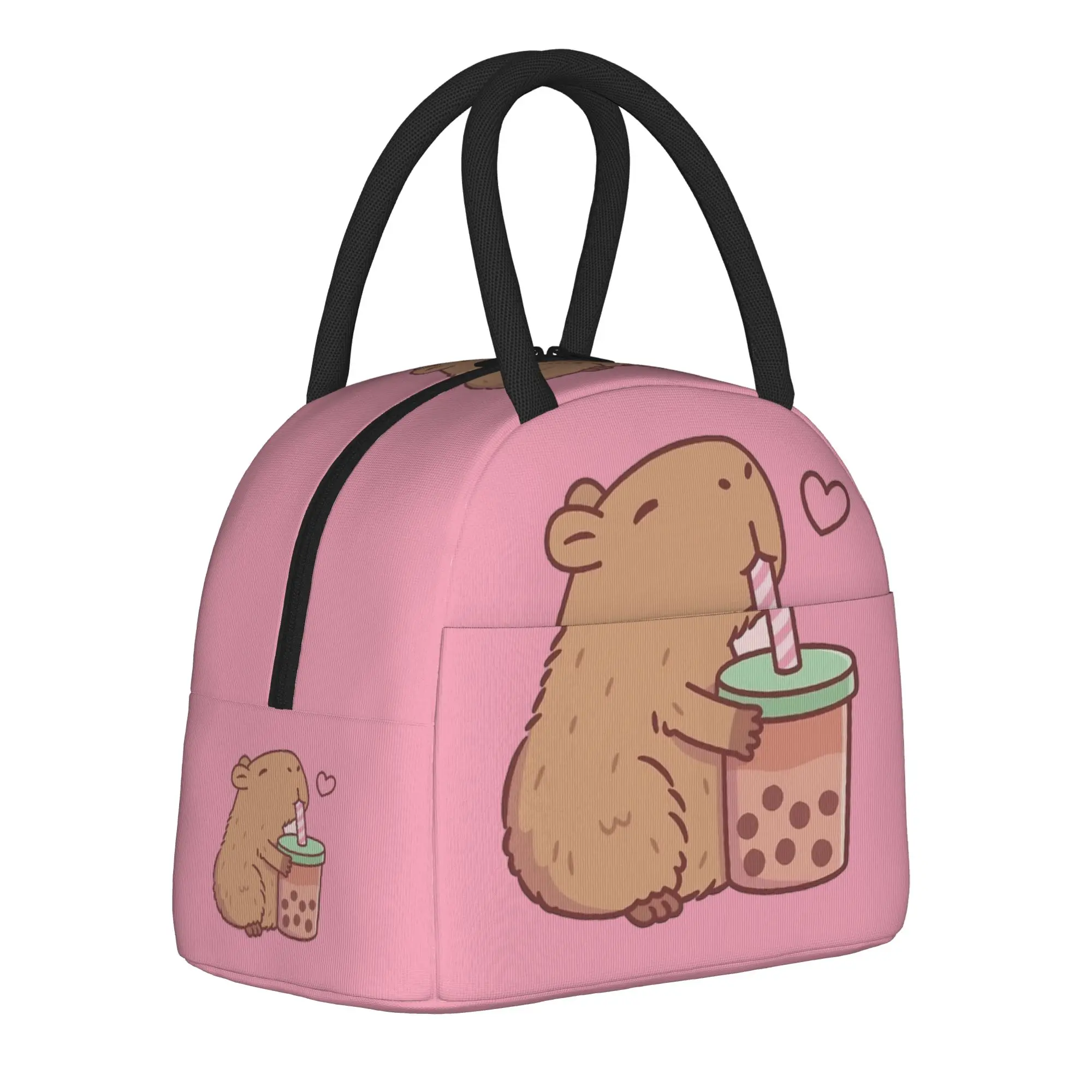 Cute Capybara Loves Bubble Tea  Insulated Lunch Bag Thermal Bag Reusable Cartoon Animals Portable Tote Lunch Box Bento Pouch