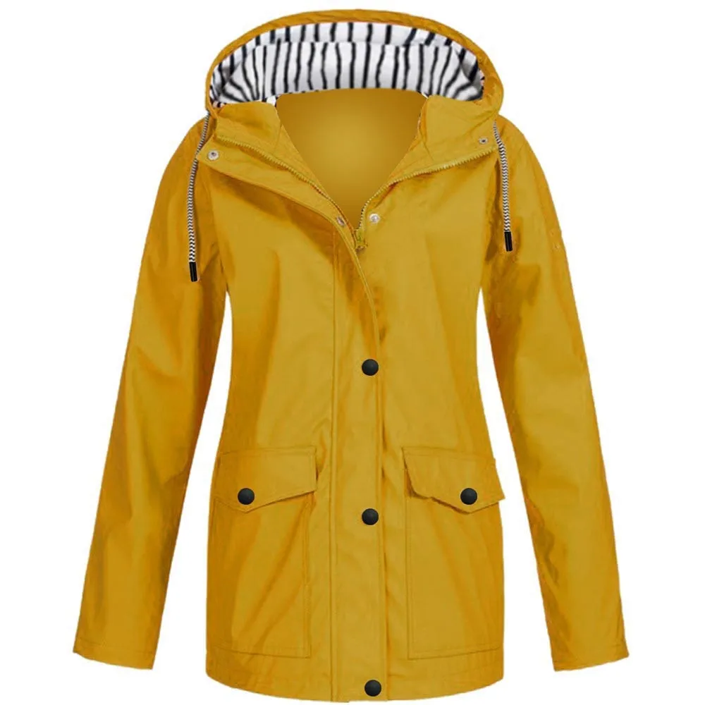 

Autumn Winter Women's Outdoor Hooded Coat, Solid Rain Waterproof Plus Raincoat Windproof Hooded Women Jacket Plus Size Outerwear