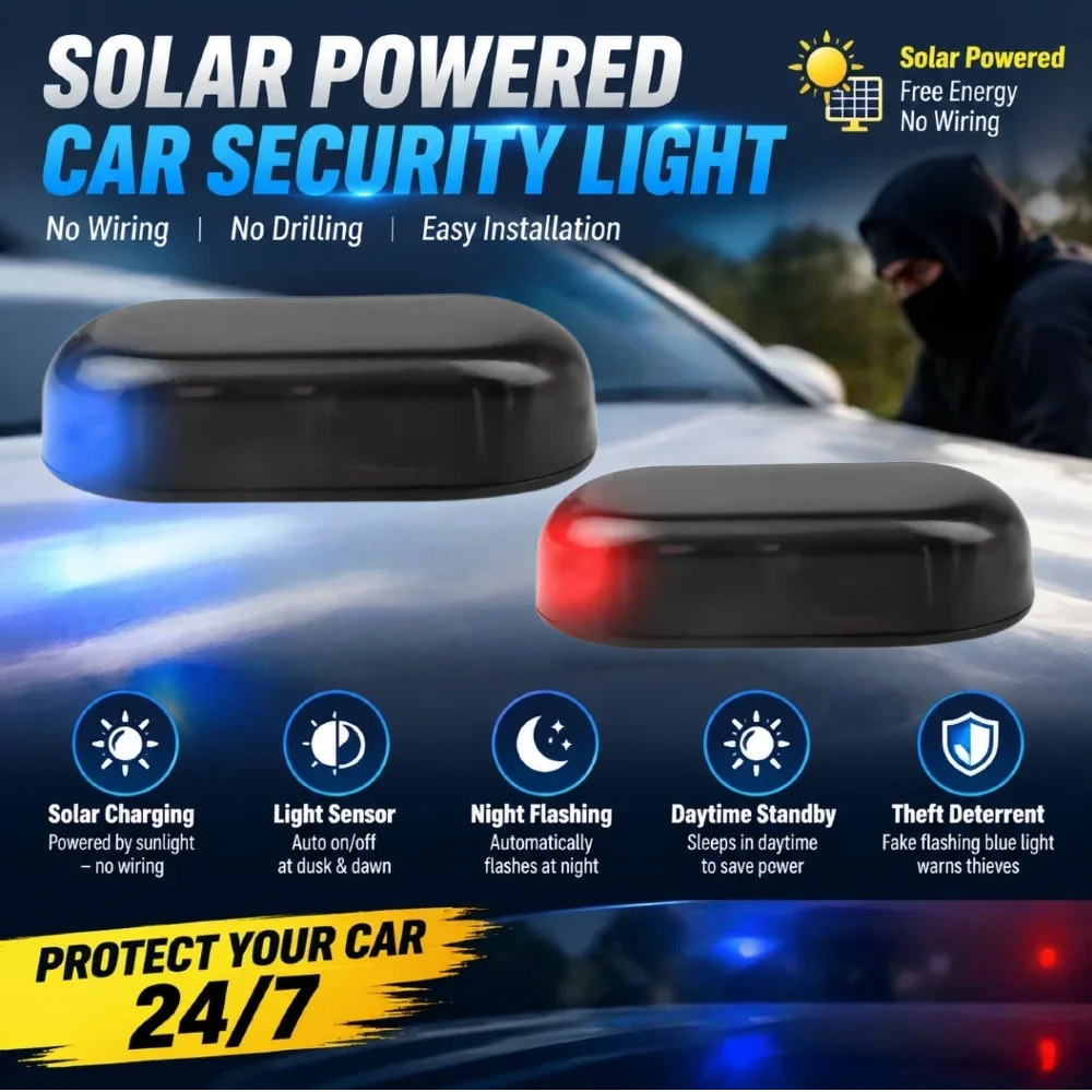 Solar Fake Car Alarm Light Blue LED Flashing Auto Light Sensor Simulated Dummy Security Warning Lamp