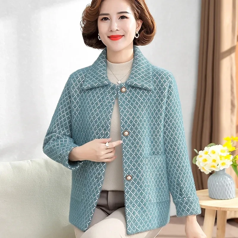 

Middle aged Mother Jacket Imitation Mink Velvet Coat New Autumn Winter Knitted Cardigan Female Woolen Coat Middle aged Femme Top