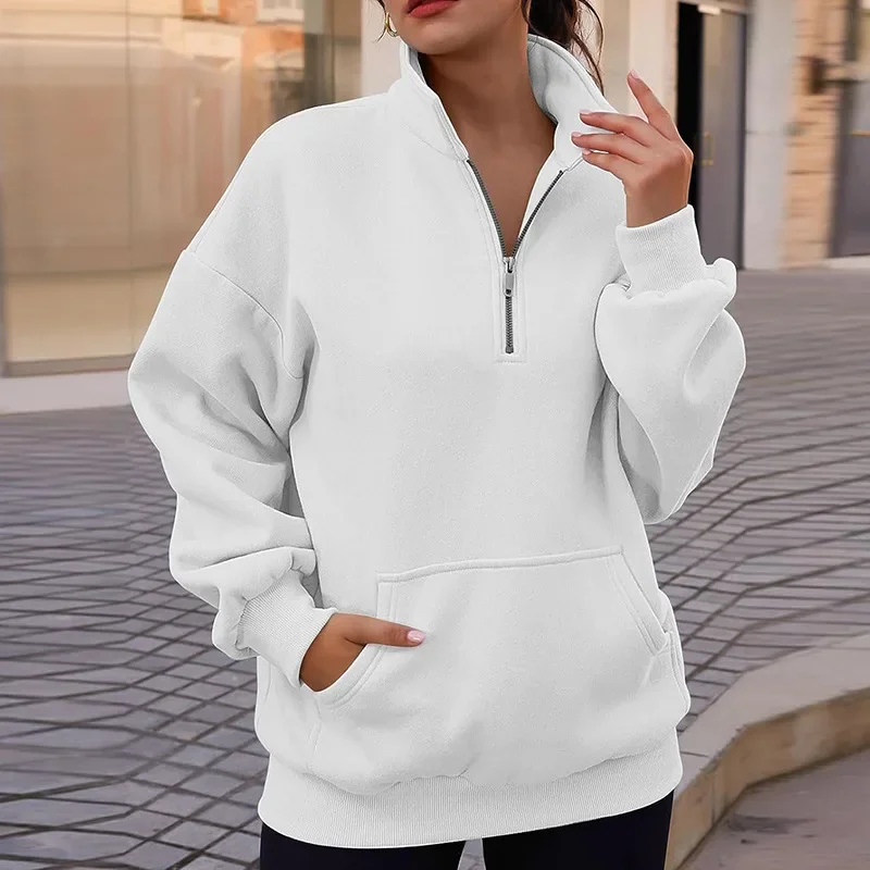 Women Sweatshirts Round Neck Stand Collar Hoodies Solid Color Loose Casual Streetwear Zipper Pullovers Pockets Autumn