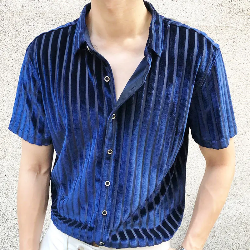 Men Sexy Velvet Shirt Men Short Sleeve Clothing High Quality Shirt Trendy Transparent Blue Stripe Shirt See Through Social Club