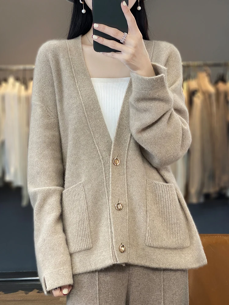 Large Size Women's Cardigan Fall Winter 100% Merino Wool V-Neck Sweater Long Sleeve Outerwear Knitted Tops Casual Fashion Trends