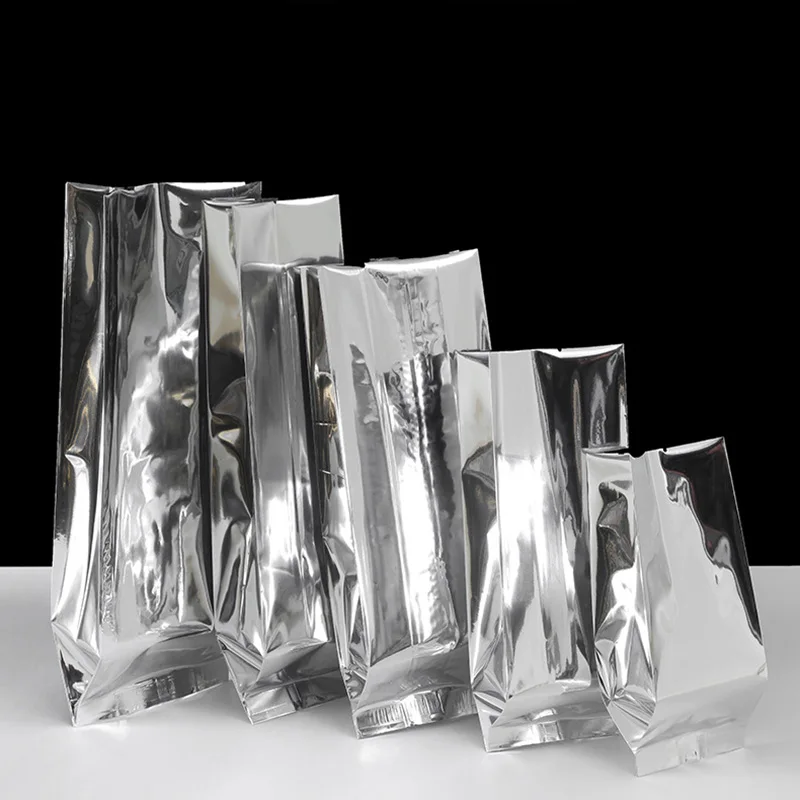 100 Stück glänzende, silberne, geruchsdichte seitliche Zwickel-Aufbewahrungsbeutel, heißversiegelbar, für Snacks, Tee, Lebensmittel, Aluminiumfolie, oben offene Verpackungsbeutel