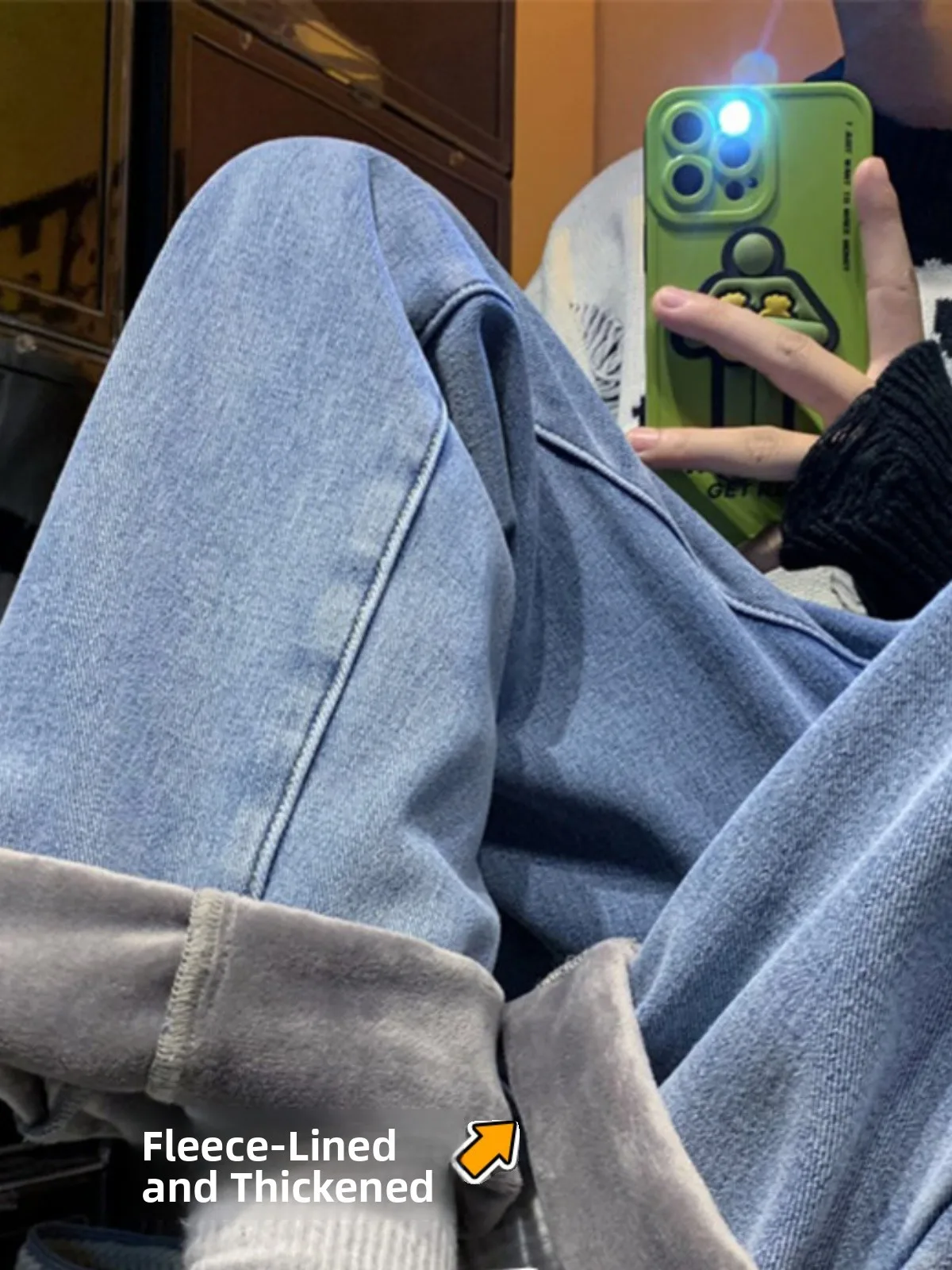 

American Casual Fce Lined Thiened Jeans Men's Autumn Winter Youth Trendy Straight Loose Wide Leg Pants