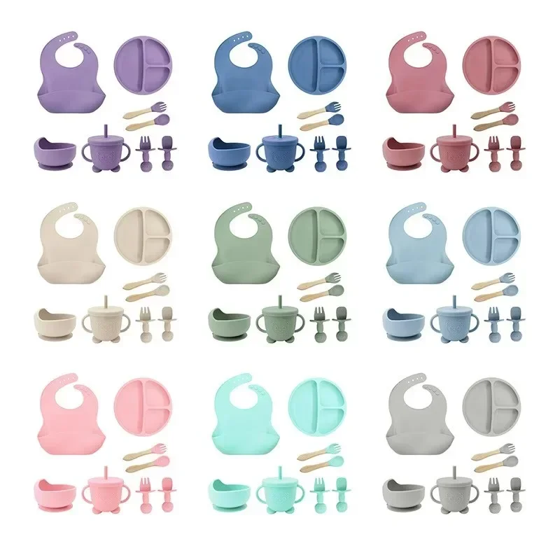 

New Silicone Baby Feeding Set Suction Plate Bowl Waterproof Bib Sippy Cup Silicone Spoon Fork Children's Tableware
