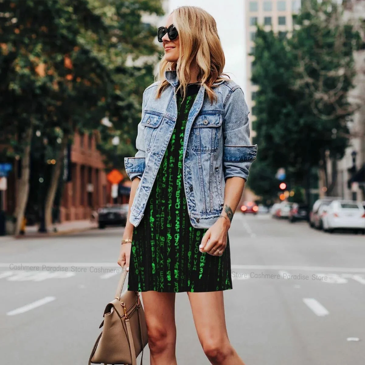 Women Casual Knee Women's Dress Green Matrix O Neck Sleeveless Above Dress