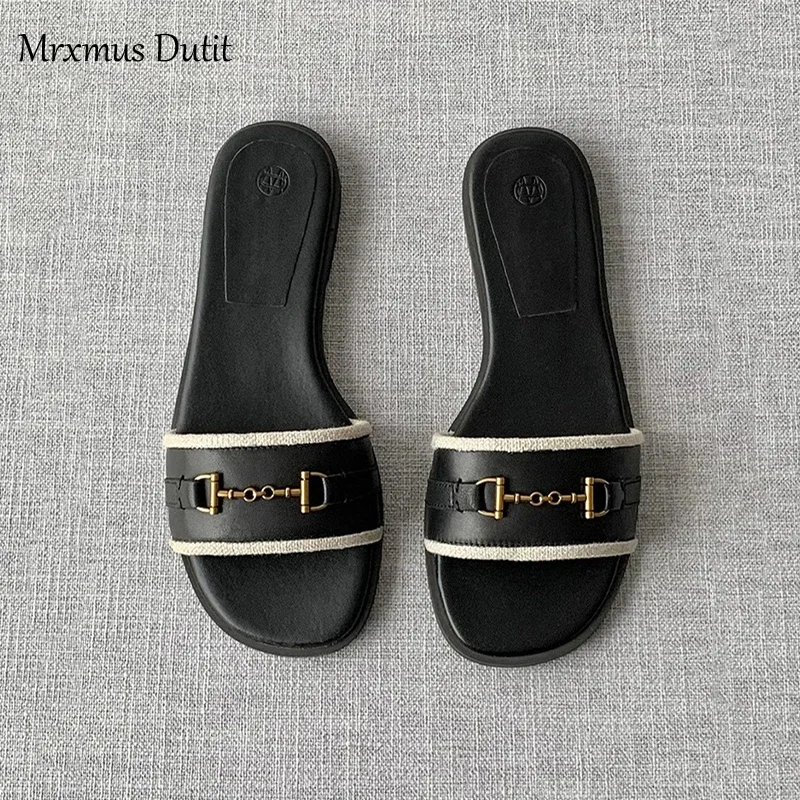 Mrxmus Dutit 2024 New Spring Summer Women Fashion Leather One Word Drag Flat Shoes Casual Versatile Sandals Slippers Female Chic