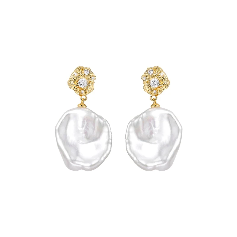 Baroque large drop pearl earrings with high quality and light luxury inlaid zircon earrings