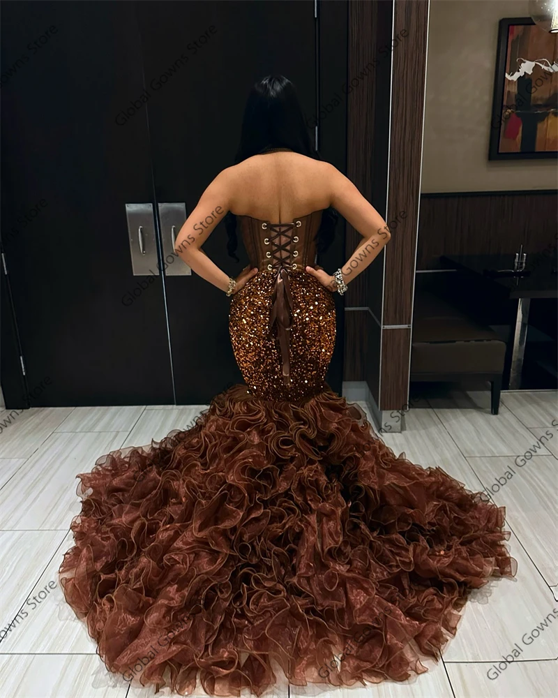 Elegant Brown Prom Dresses Black Girls Luxury Crystal Beading Mermaid Party  Gowns Ruffles Sweetheart Evening Dress 2025 Custom - AliExpress 320