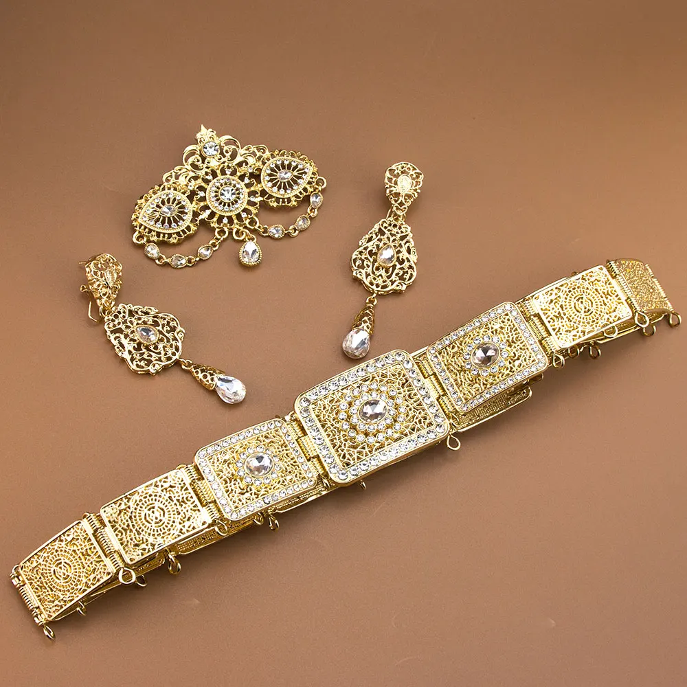 Elegante feminino cinto de casamento brinco broche marrocos conjuntos de jóias de noiva cristal árabe robe bijoux comprimento ajustável