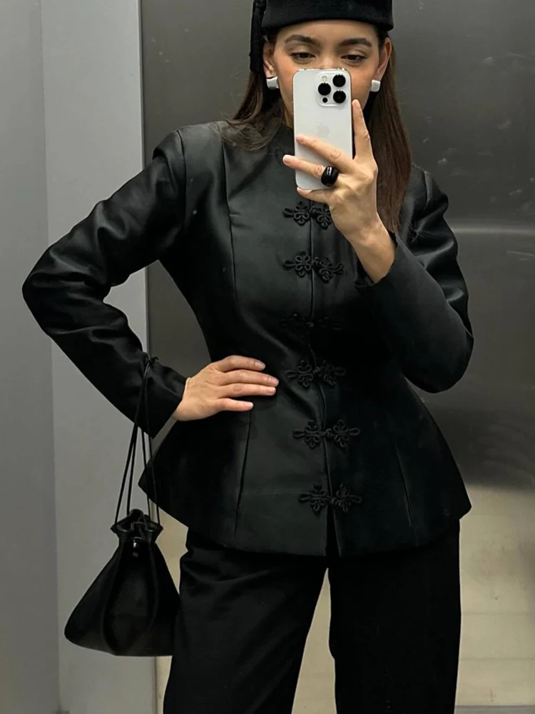 Chinese Style Women Waist Ciniching Short Jacket 2026 Fashion Single Breasted Casual Coat Full Sleeve Lady Retro Outerwear
