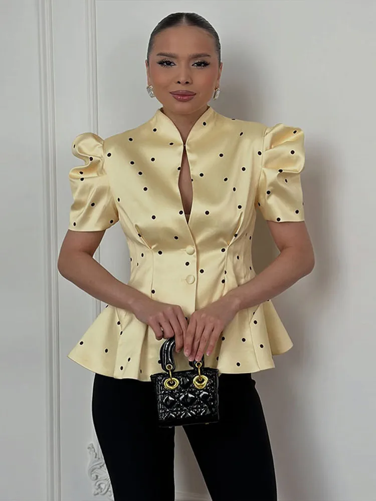 Bedruckter Taillierter Dünner Blazer für Damen Eleganter Stehkragen Puffärmel Kurze Ärmel Schlanker Mantel Schicke Büro-Damen-Oberteil Neue Oberbekleidung – Detail 7