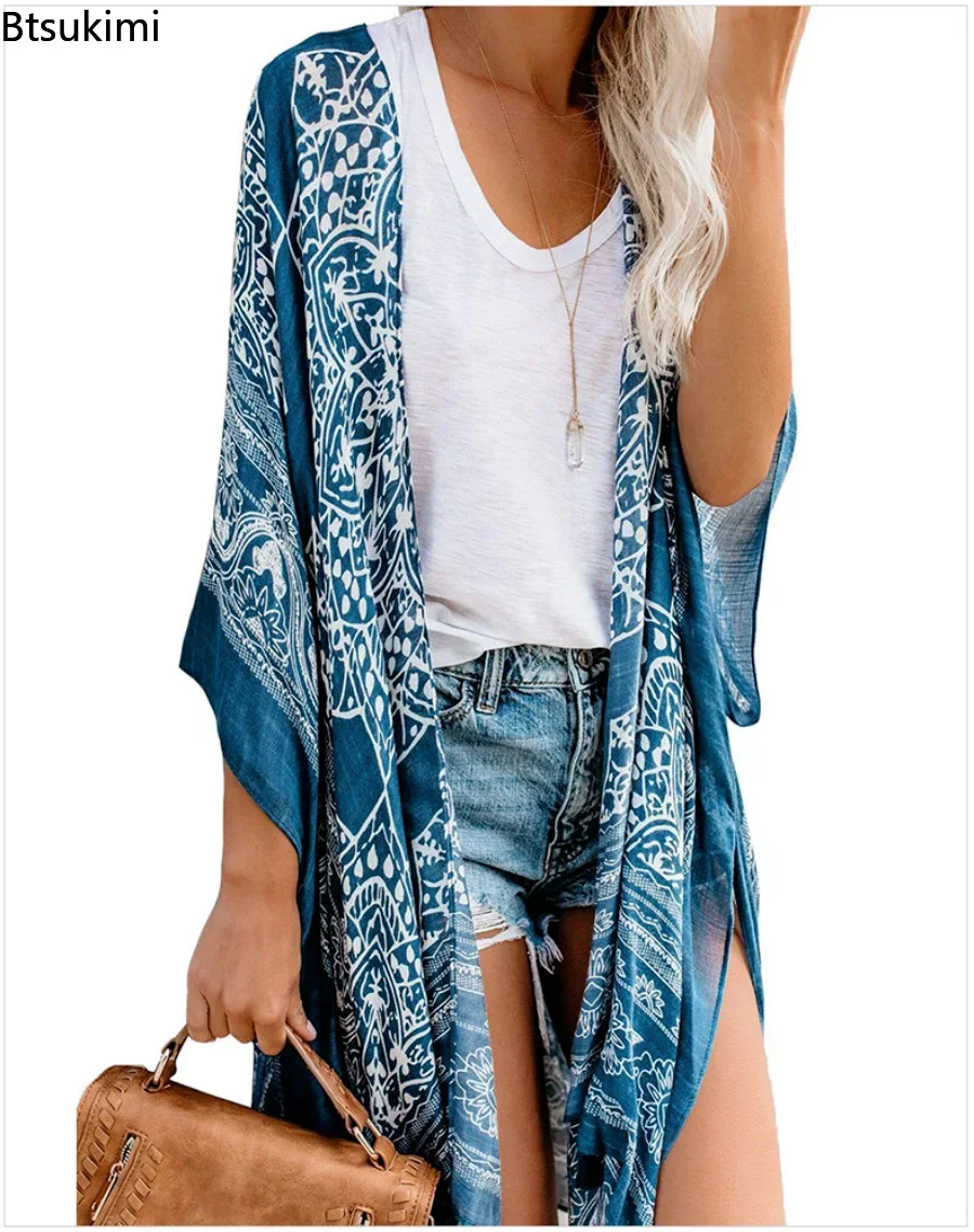 New 2024 Sexy Bikini Cover-ups Boho Printed Fringed Long Kimono Carfigan Tunic Women Plus Size Beach Wear Swim Suit Cover Up