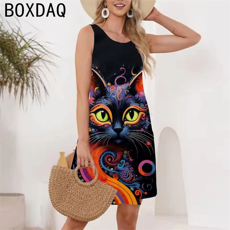 

Женское летнее сексуальное пляжное платье-жилет большого размера без рукавов, винтажное мини-платье с 3D черепом и цветным кошачьим принтом, элегантные платья трапециевидной формы