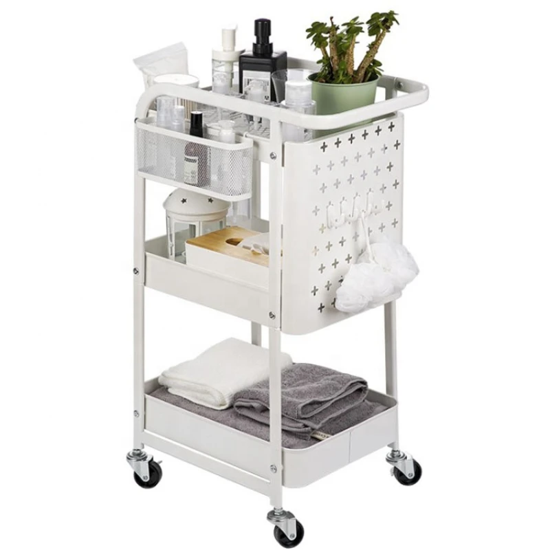 

New 3-Tier Metal Rolling Utility Cart with Handles and Peg Board Hooks Baskets Locking Wheels Storage Trolley Storage Shelves