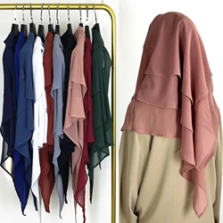 2024 Summer Three-layer Chiffon Hijab Solid Color Khimar Adjustable Women's Gauze Ethnic Shawl Breathable and Comfortable Hijab