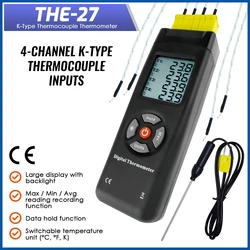 4 Channels K Type Thermocouple Thermometer Digital LCD Temperature Meter W/ Metal Thermometer Data Hold Function Backlight