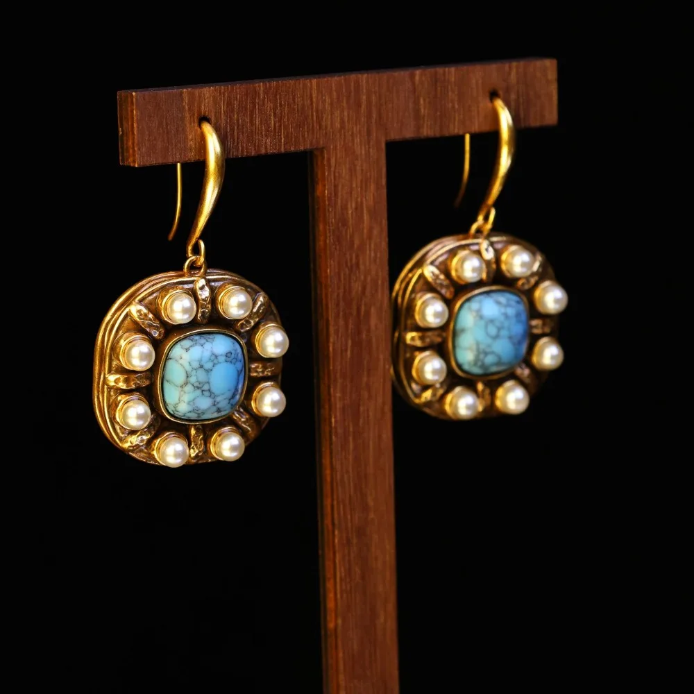 جديد القرون الوسطى خمر مطعمة الزجاج اللؤلؤ ساحة الفيروز استرخى أقراط ، الرجعية الكلاسيكية المؤنث وأنيقة صيد السمك أقراط #4