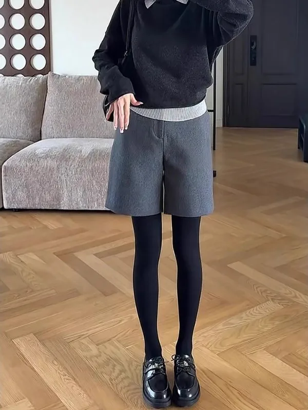 Spodnie z wysokim stanem, luźne, w kształcie litery A, do kolan, z szerokimi nogawkami, odzież wierzchnia, jesień-zima, nowa, styl koreański, wełniane, damskie...