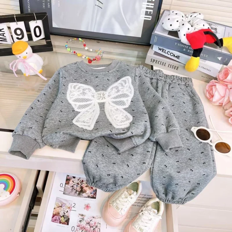 

Fashion New Long Sleeved Girls Clothes Autumn Bow Top + Pants Spring Two-piece Set Sweet and Cute Children's Clothing 2-9Years