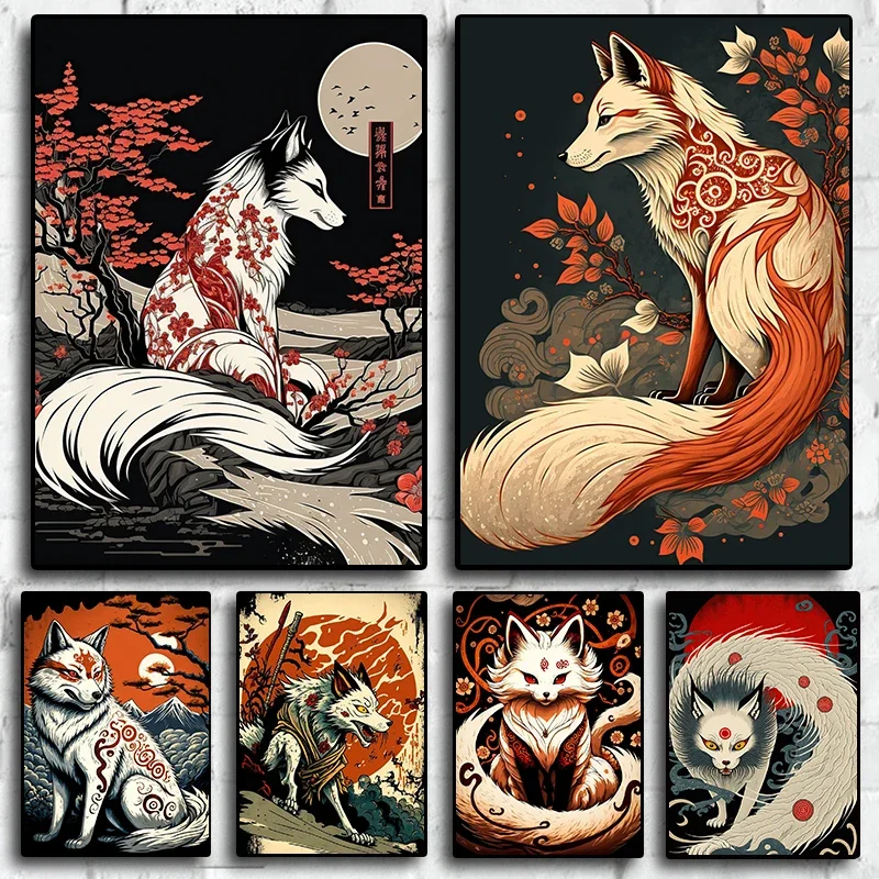 Okami Amaterasu The Fox Japanese 80s Vintage Style Painting Canvas Print Posters For Living Room Wall Art Home Decor Pictures