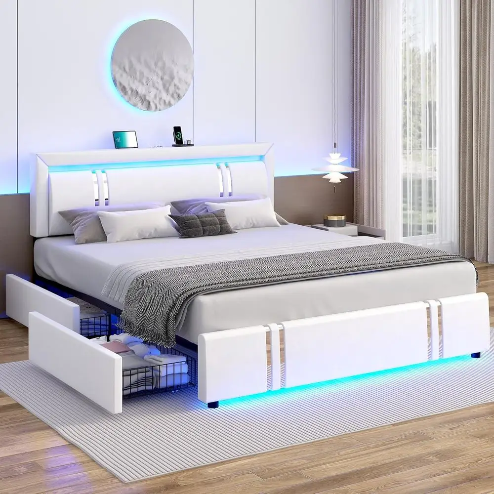 

Регулируемая кровать Queen-size со светодиодной подсветкой, 4 ящиками, портами USB-C, кожаной обивкой, деревянными ламелями, белая