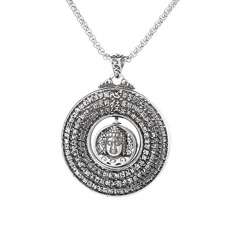 

925 Silver Buddha Head Heart Sutra Round Pendant vintage hollow out faceted Chinese Style Rotating Necklace Banquet Jewelry Gift