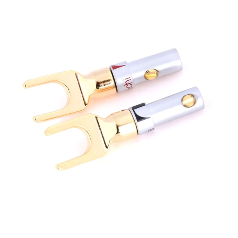 New 2pcs Copper Gold Plated Speaker Banana U Fork Y Spade Plug Wire Connector