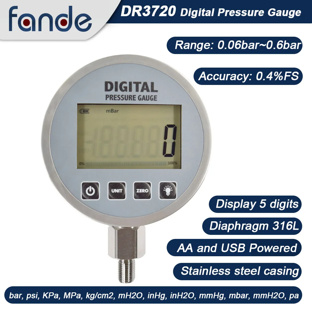 

FANDESENSOR Low Pressure Gauge 6KPa 10KPa 16Kpa 25Kpa mbar mmHg Accuracy 0.4 Resolution -99999~99999 Diameter 105mm